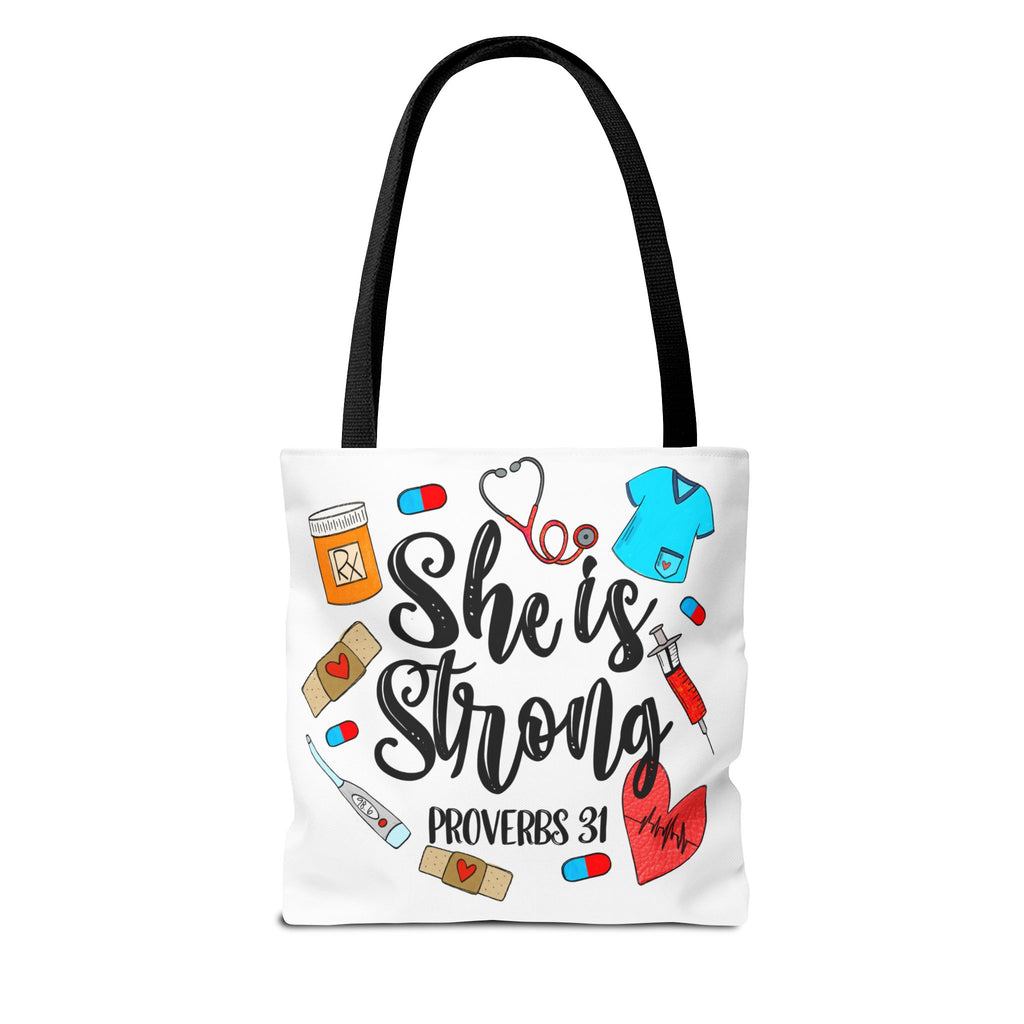 She Is Strong Tote Bag - Proverbs 31 Nurse & Healthcare Inspirational Canvas Tote