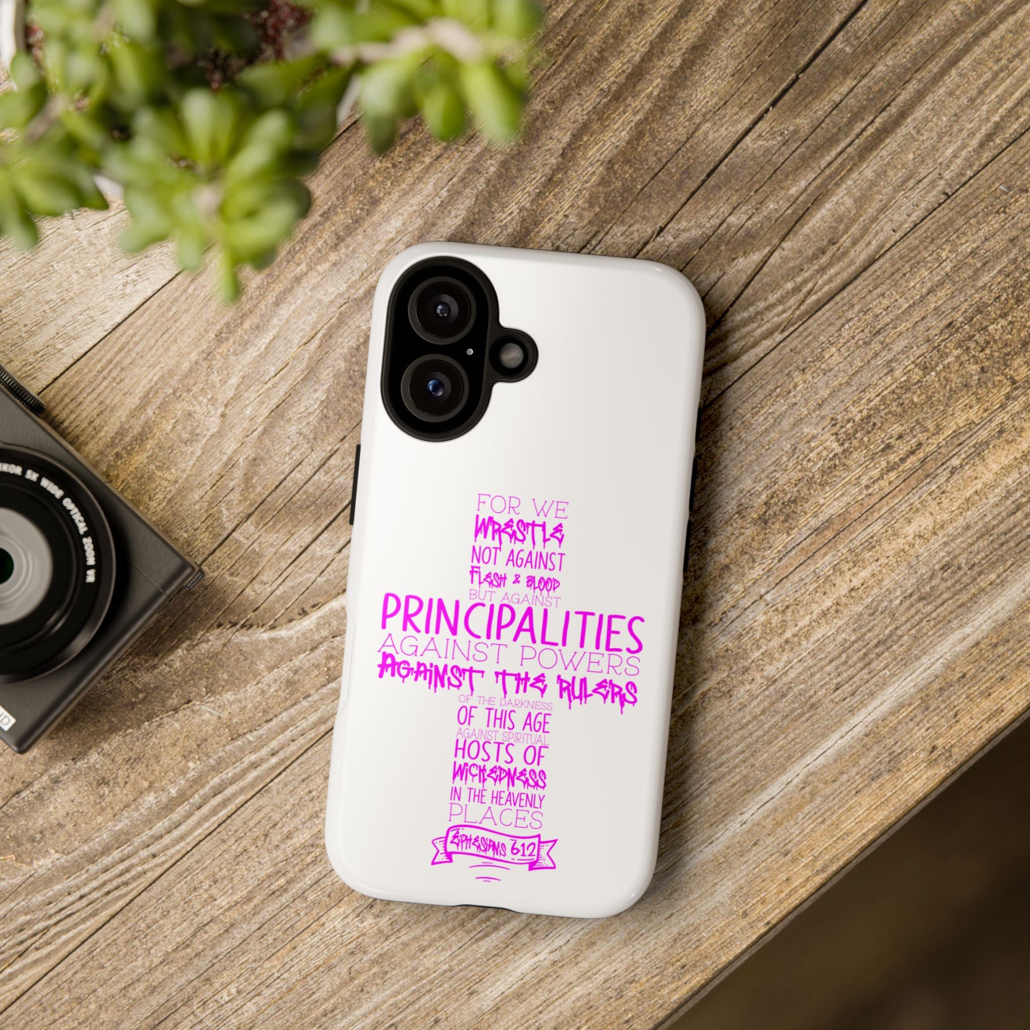 Armor of God Christian Cross Phone Case — Ephesians 6:12 Pink Typography Tough Case