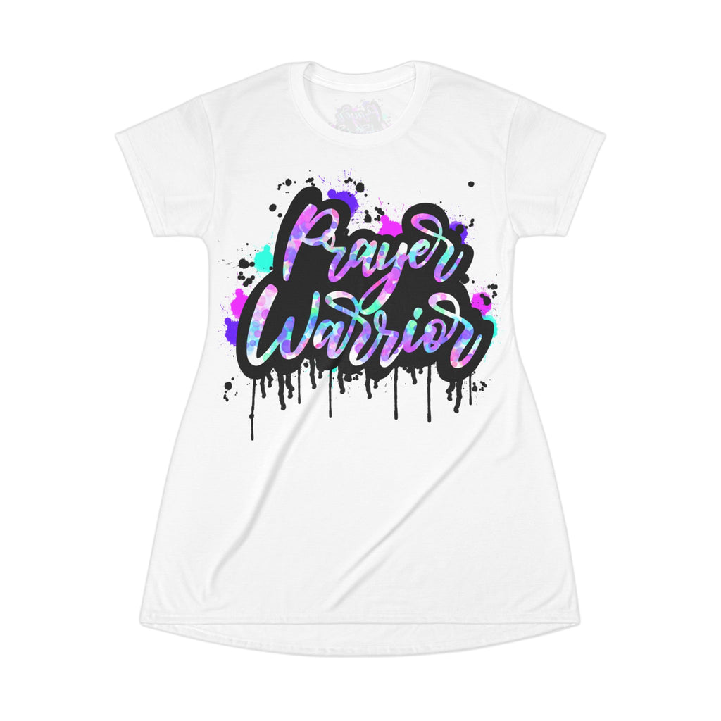 Prayer Warrior T‑Shirt Dress — Faith Graphic Dress with Colorful Graffiti Script