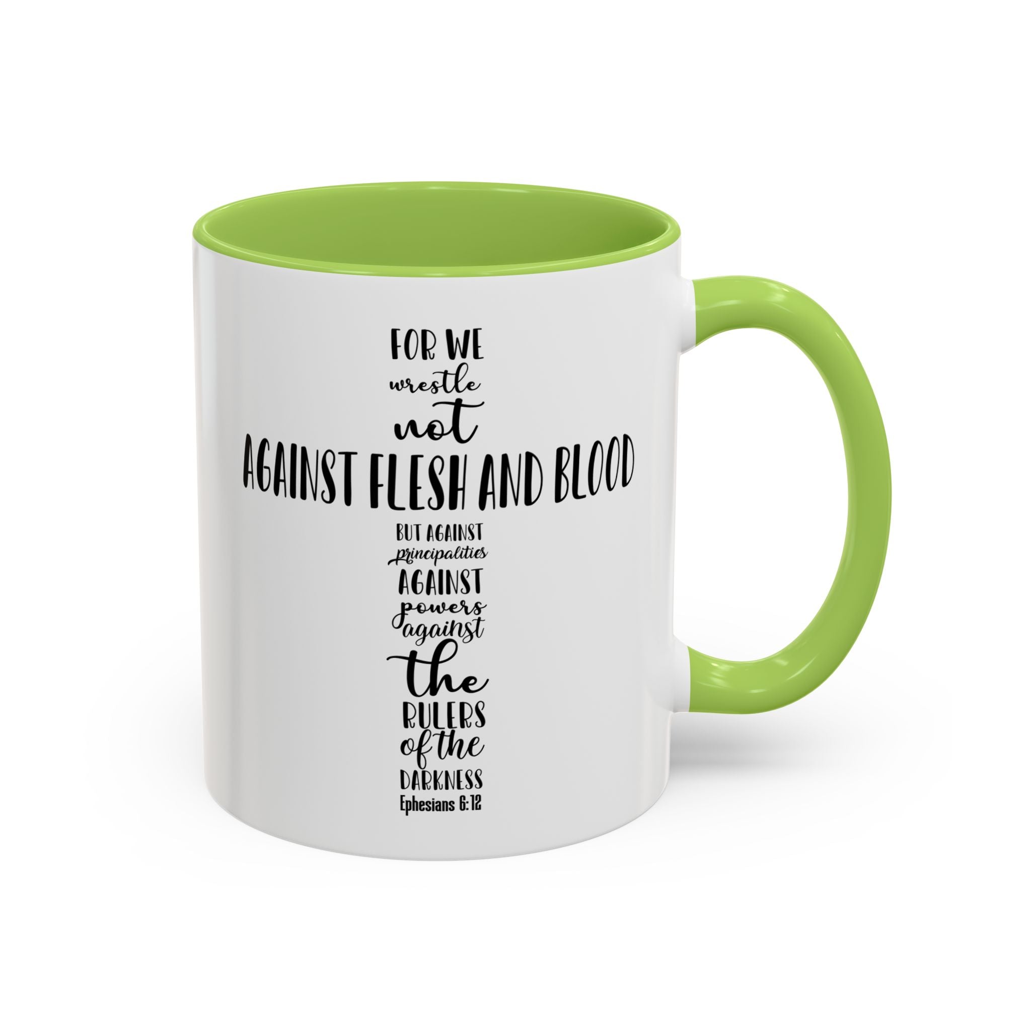 Christian Cross Coffee Mug - "Not Against Flesh and Blood" Inspirational Bible Verse Accent Mug