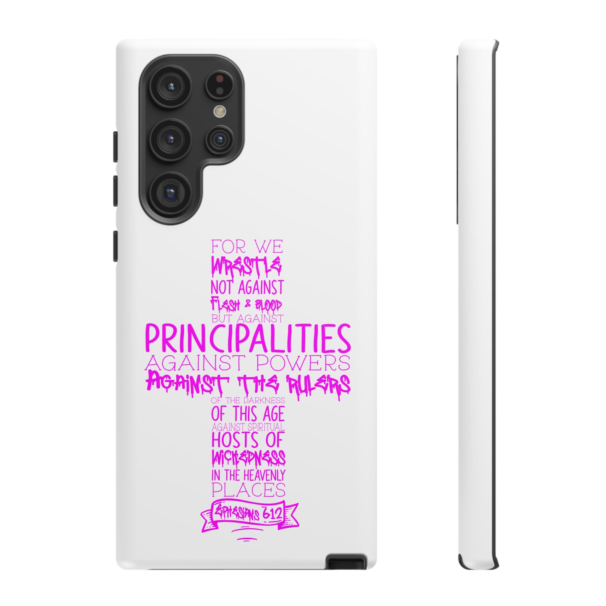 Armor of God Christian Cross Phone Case — Ephesians 6:12 Pink Typography Tough Case