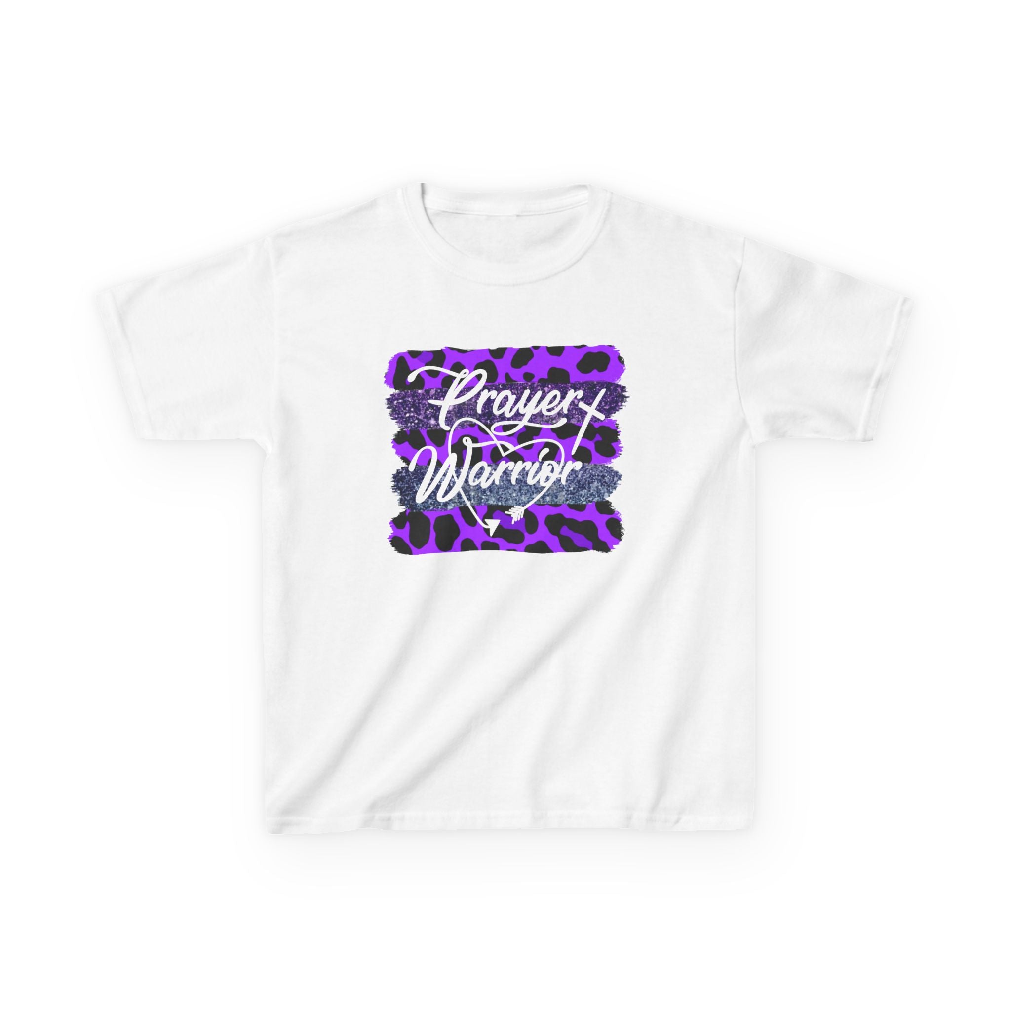 Kids Tee — "Prayer Warrior" Purple Leopard Graphic