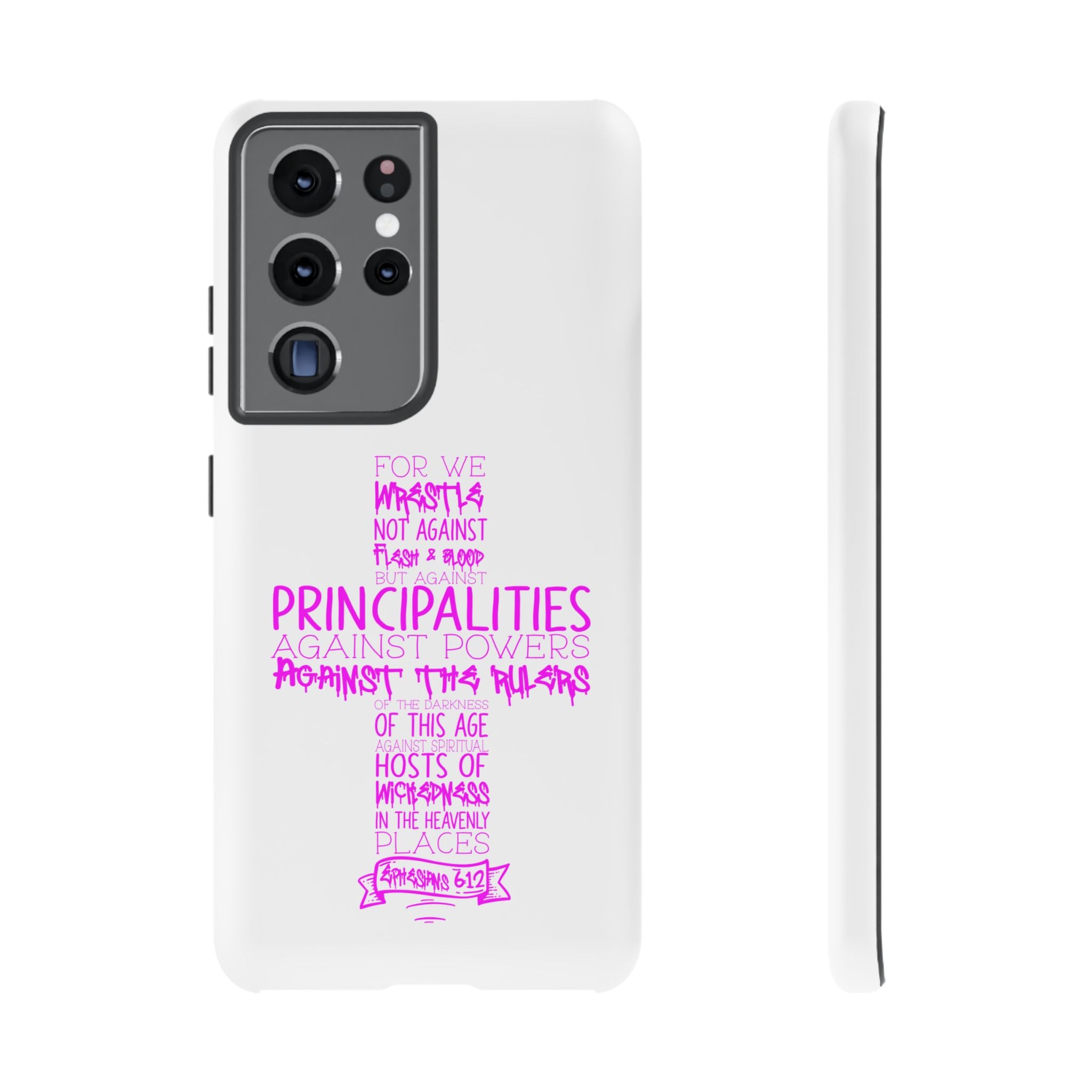 Armor of God Christian Cross Phone Case — Ephesians 6:12 Pink Typography Tough Case