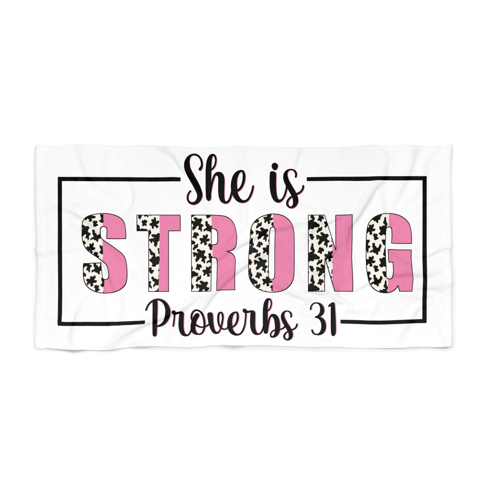 She Is Strong Beach Towel – Proverbs 31 Inspirational Pink Cow Print