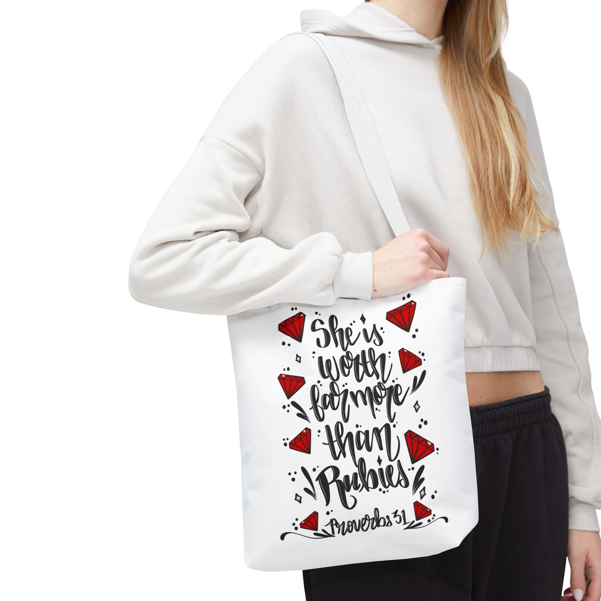 Tote Bag — "She’s Worth Far More Than Rubies" Inspirational Proverbs 31 Scripture Tote
