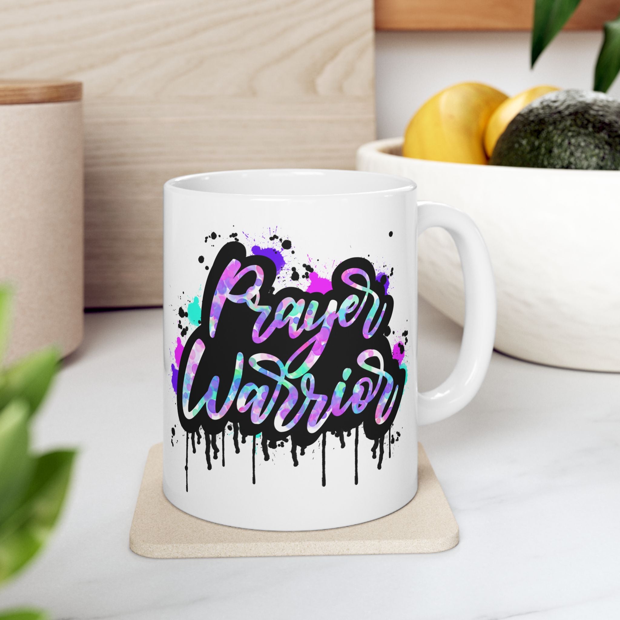 Graffiti 'Prayer Warrior' Ceramic Mug – Colorful Drip Art Coffee Cup (11oz/15oz)
