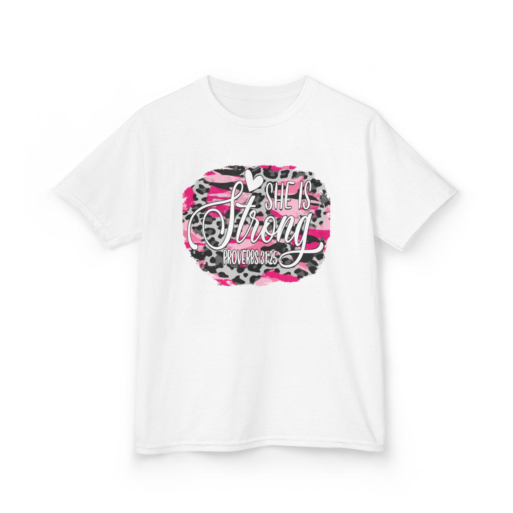 Kids Tee — She Is Strong Bible Verse Pink Camo Tee