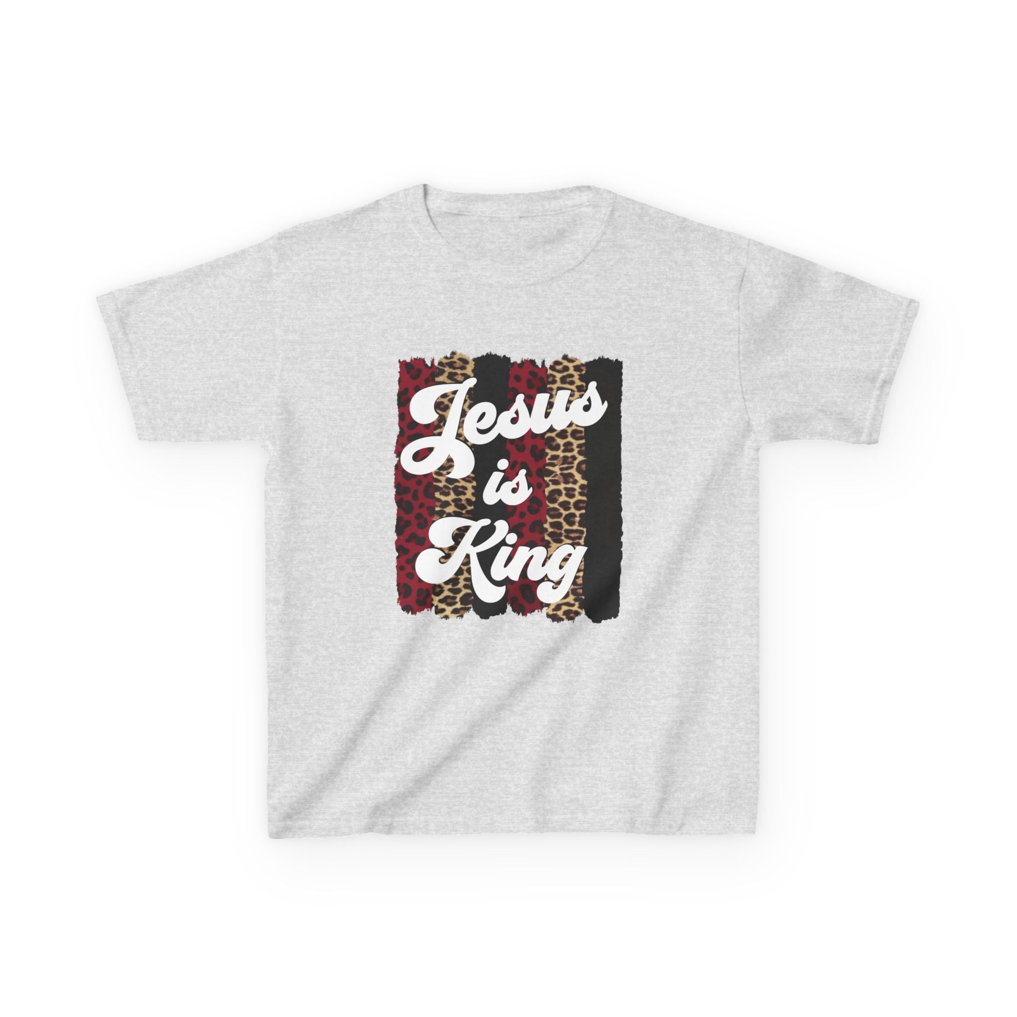 Kids Tee — "Jesus is King" Leopard & Plaid Christian Graphic