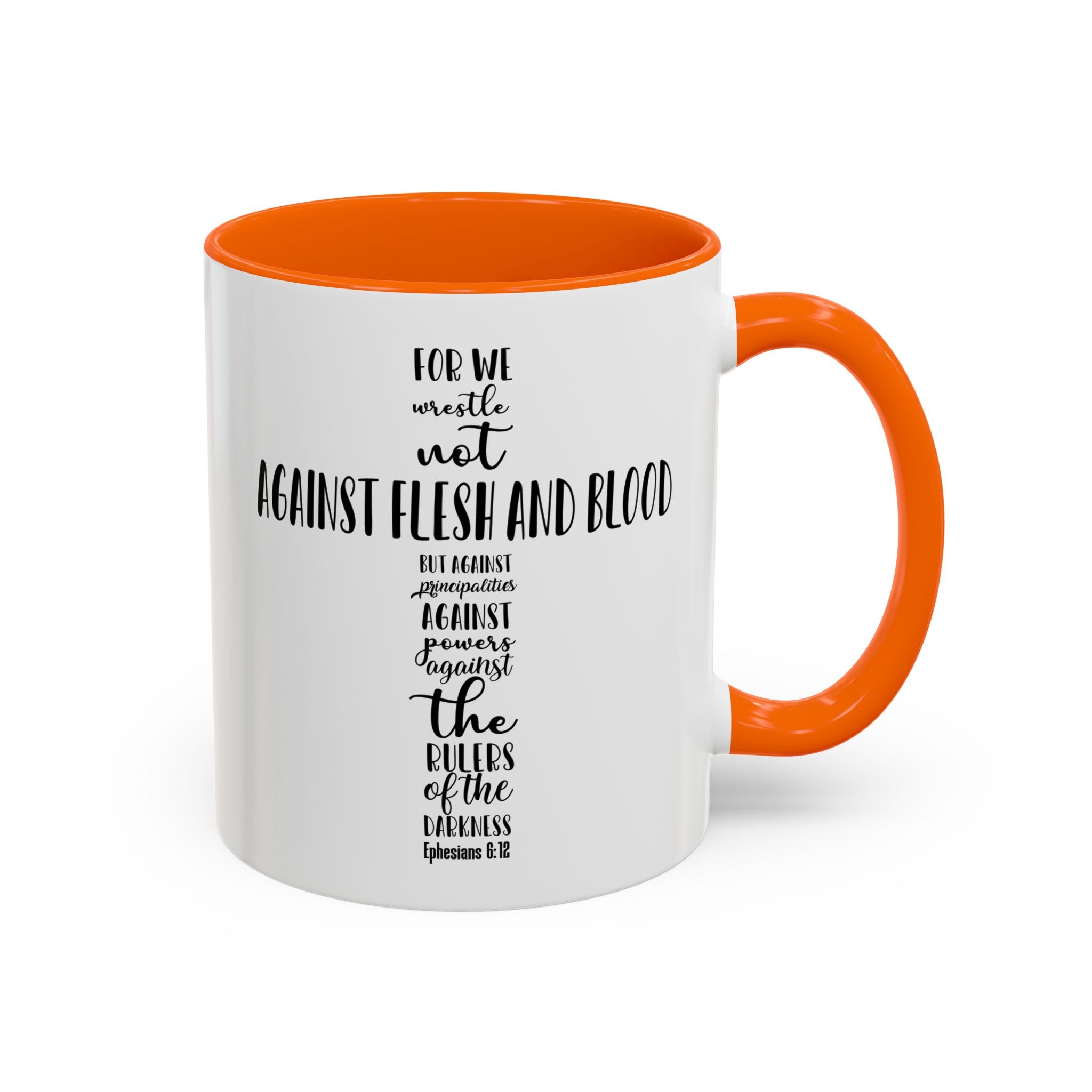 Christian Cross Coffee Mug - "Not Against Flesh and Blood" Inspirational Bible Verse Accent Mug