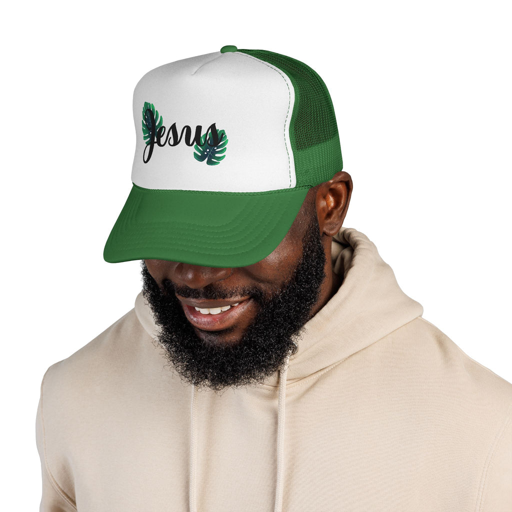 Jesus Script Trucker Cap — Tropical Leaf Faith Hat