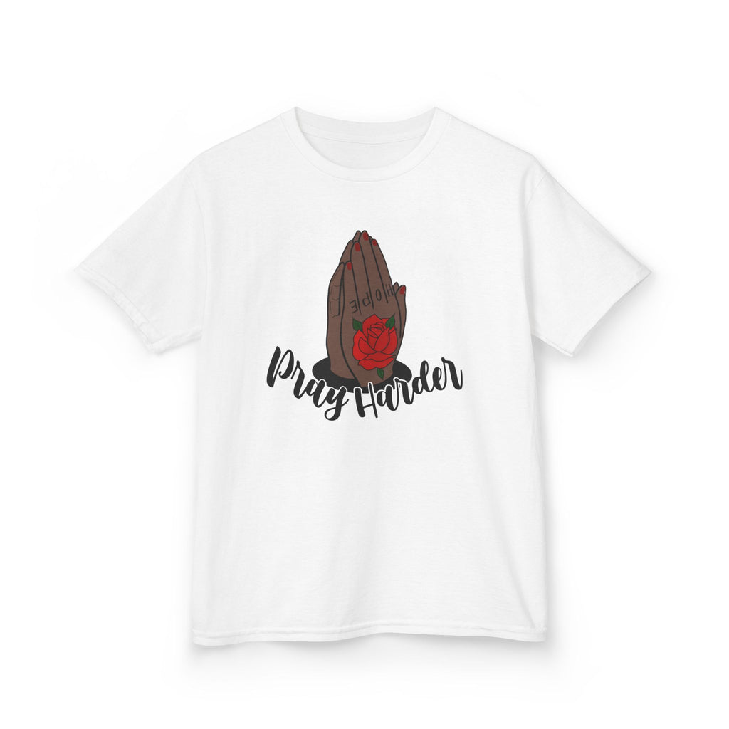 Kids Tee — Praying Hands with Rose “Pray Harder” Faith Graphic
