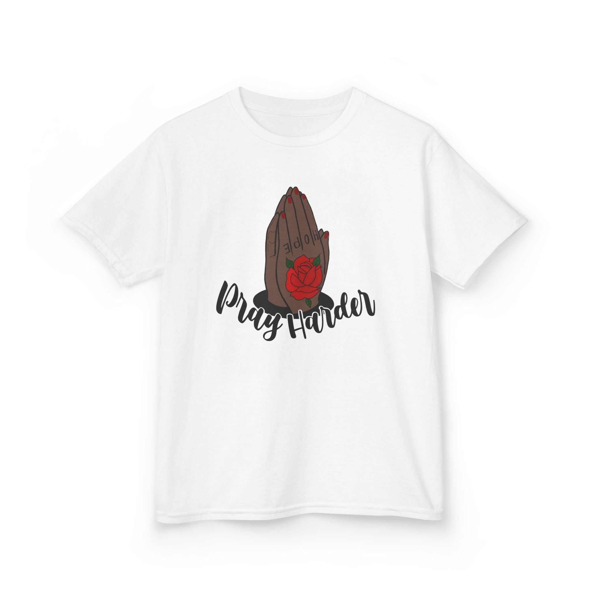 Kids Tee — Praying Hands with Rose “Pray Harder” Faith Graphic