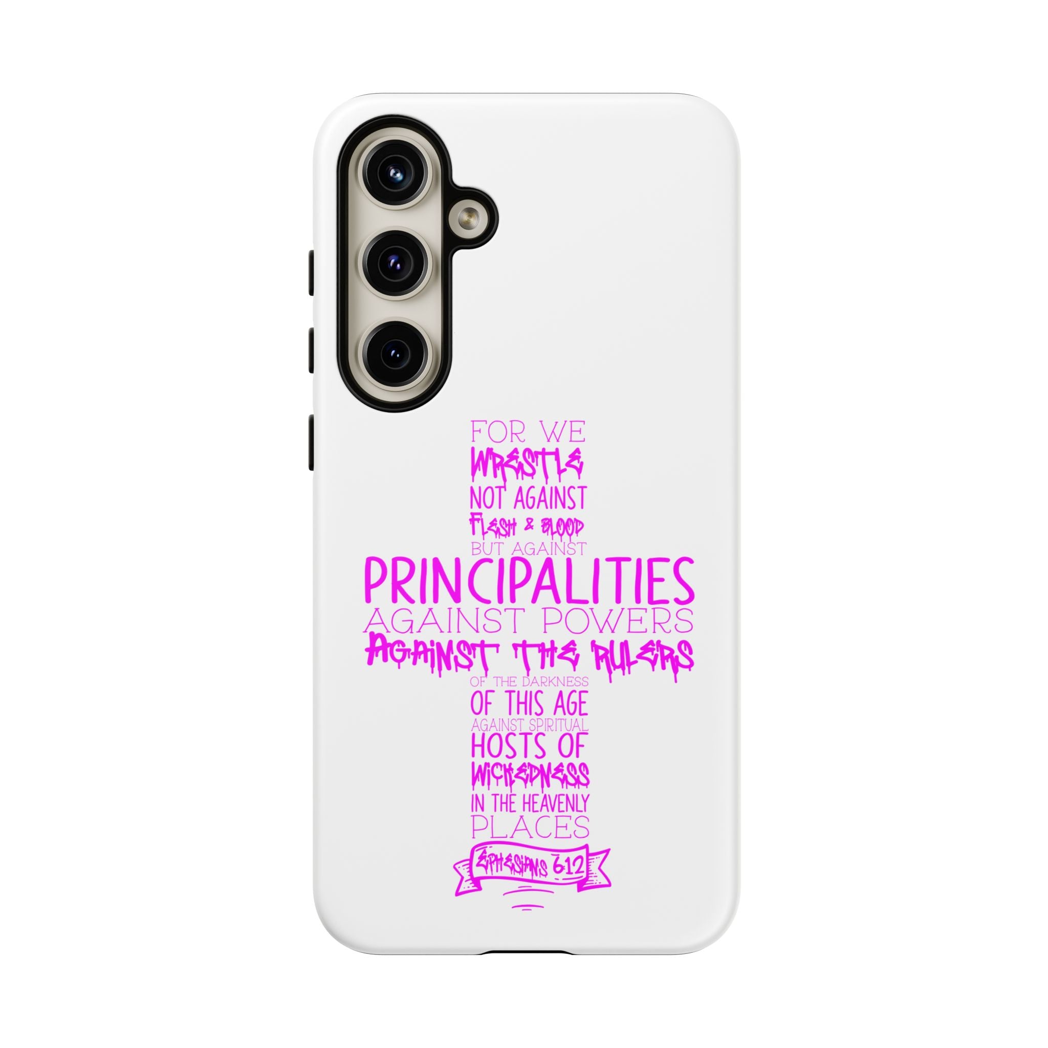 Armor of God Christian Cross Phone Case — Ephesians 6:12 Pink Typography Tough Case