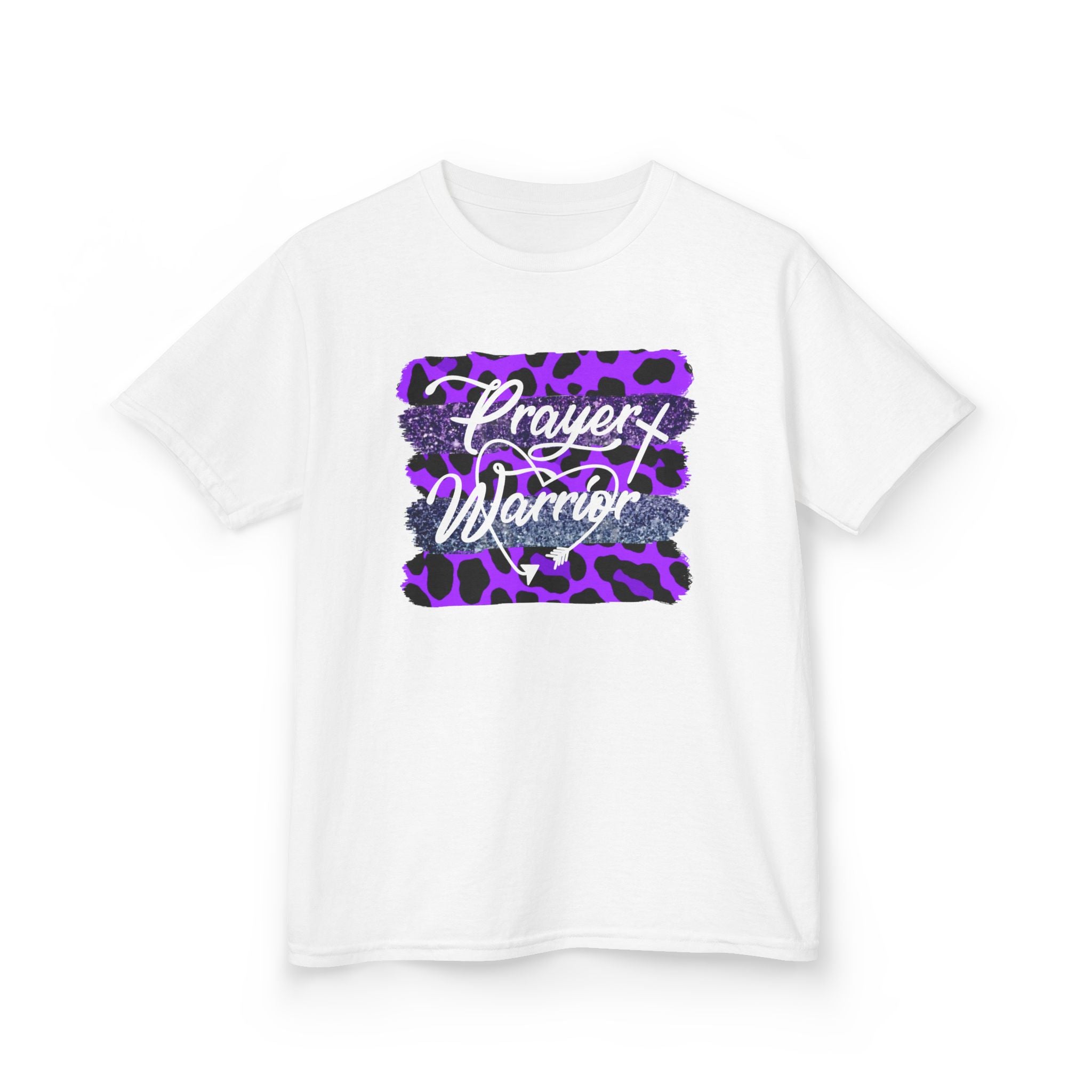 Kids Tee — "Prayer Warrior" Purple Leopard Graphic