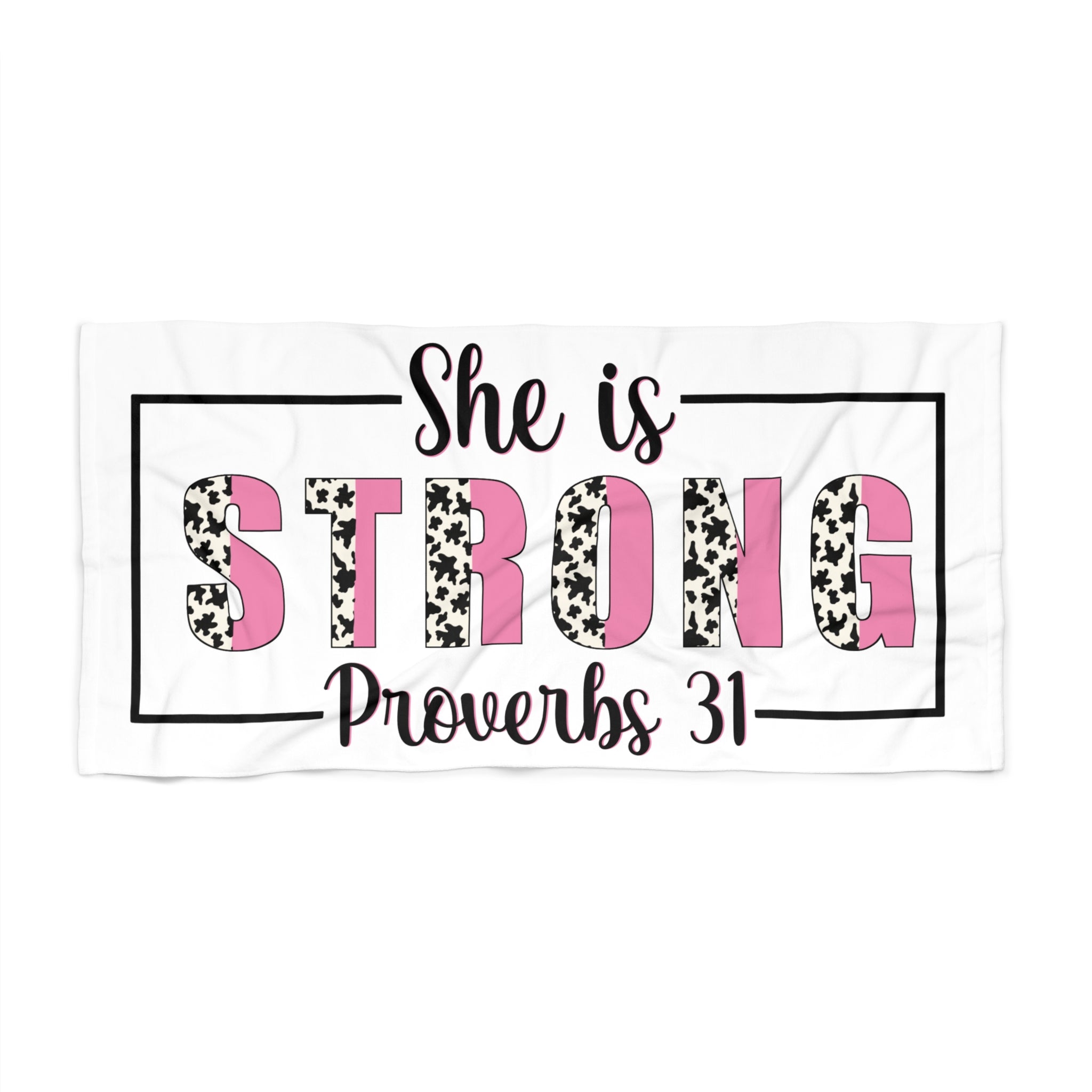 She Is Strong Beach Towel – Proverbs 31 Inspirational Pink Cow Print