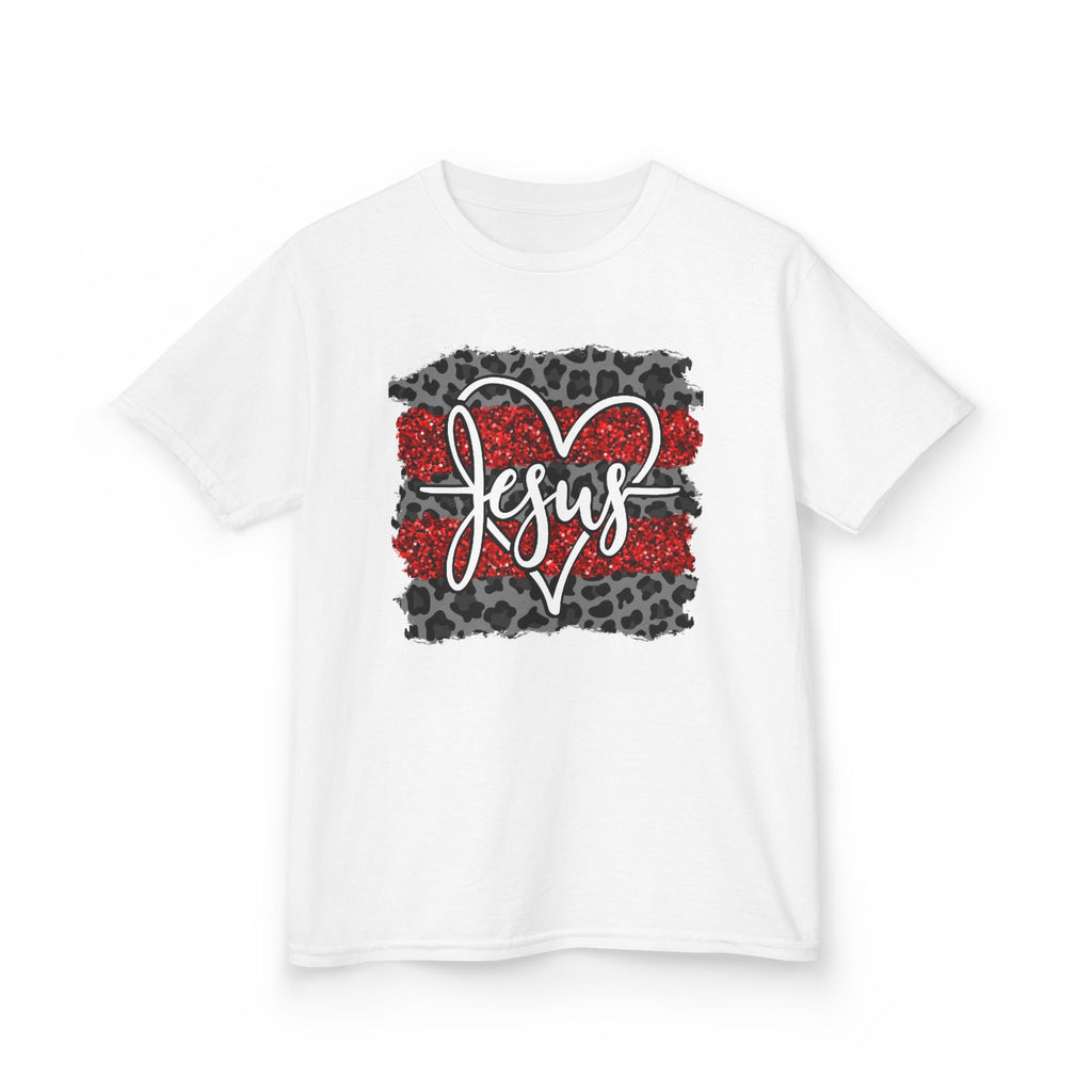 Kids Tee — 'Jesus' Heart Leopard & Red Stripe Christian Shirt