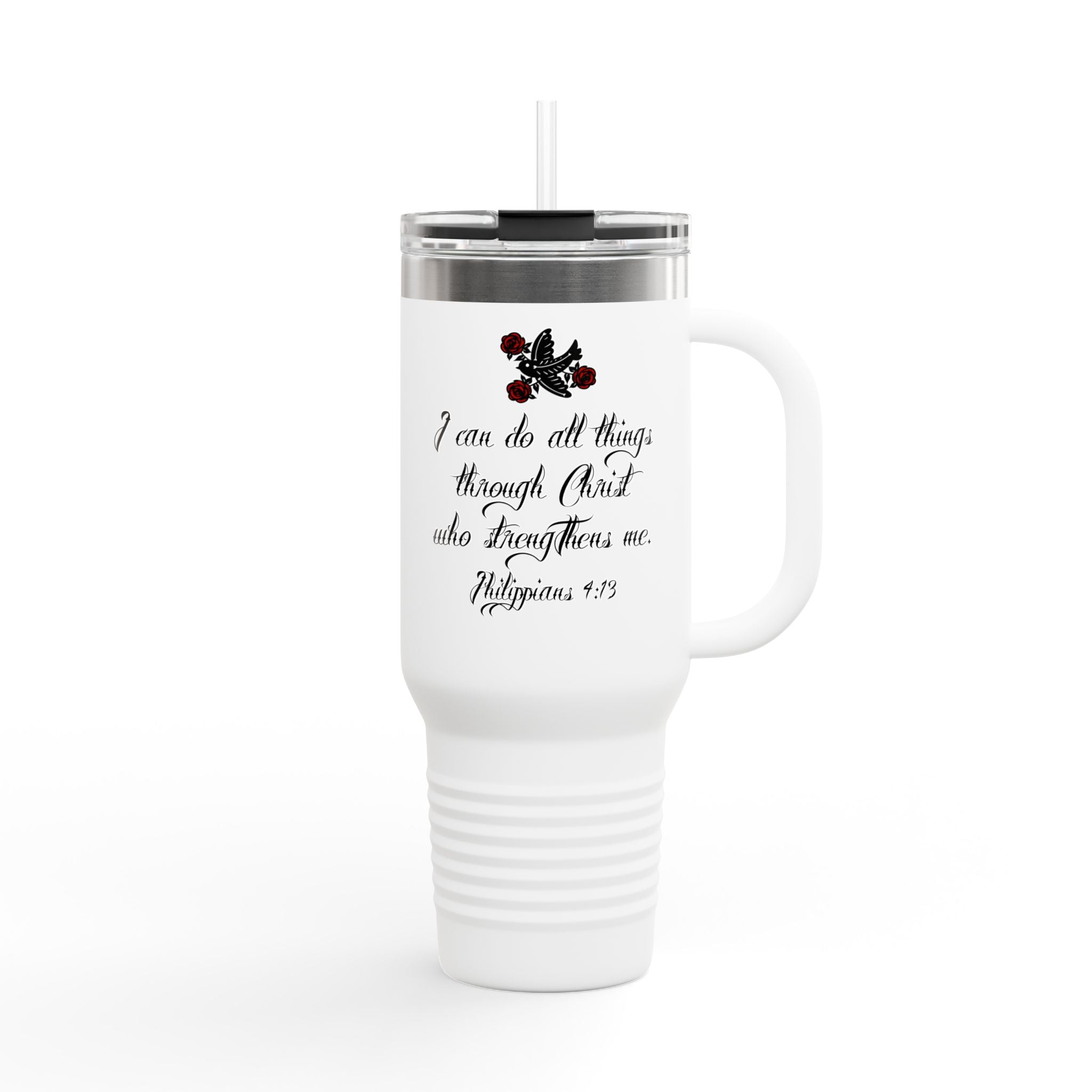 40oz Insulated Travel Mug - "I Can Do All Things Through Christ" Philippians 4:13 | Faith Watercolor Rose Design