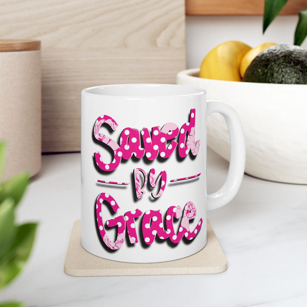 Pink Retro Script 'Saved by Grace' Ceramic Mug – 11oz & 15oz