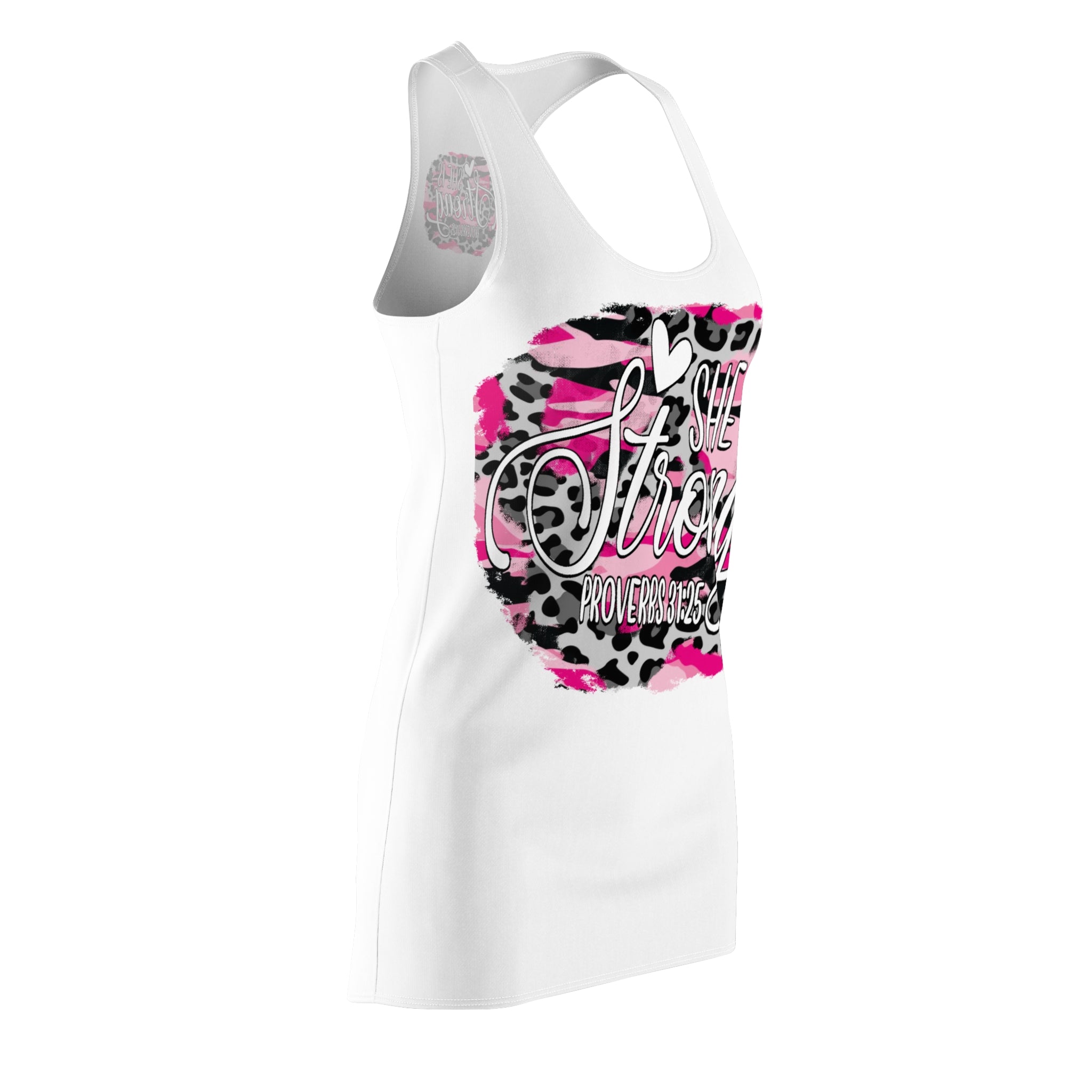 She Is Strong Racerback Dress – Pink Leopard Inspirational Dress (Proverbs 31:25)