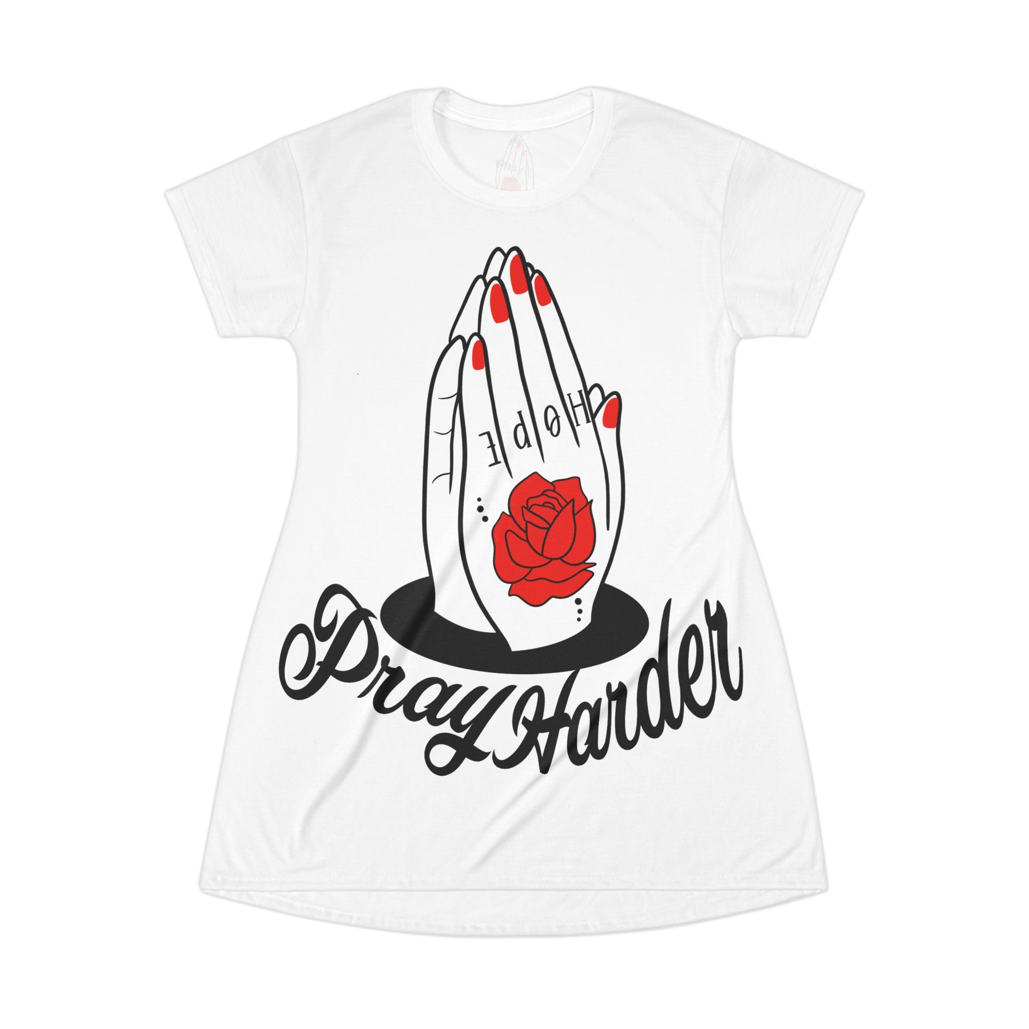 Pray Harder T‑Shirt Dress — Graphic Prayer Hands with Rose