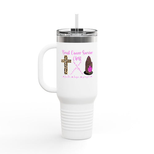 40oz Insulated Travel Mug – 'Breast Cancer Survivor' Cross & Pink Ribbon Design