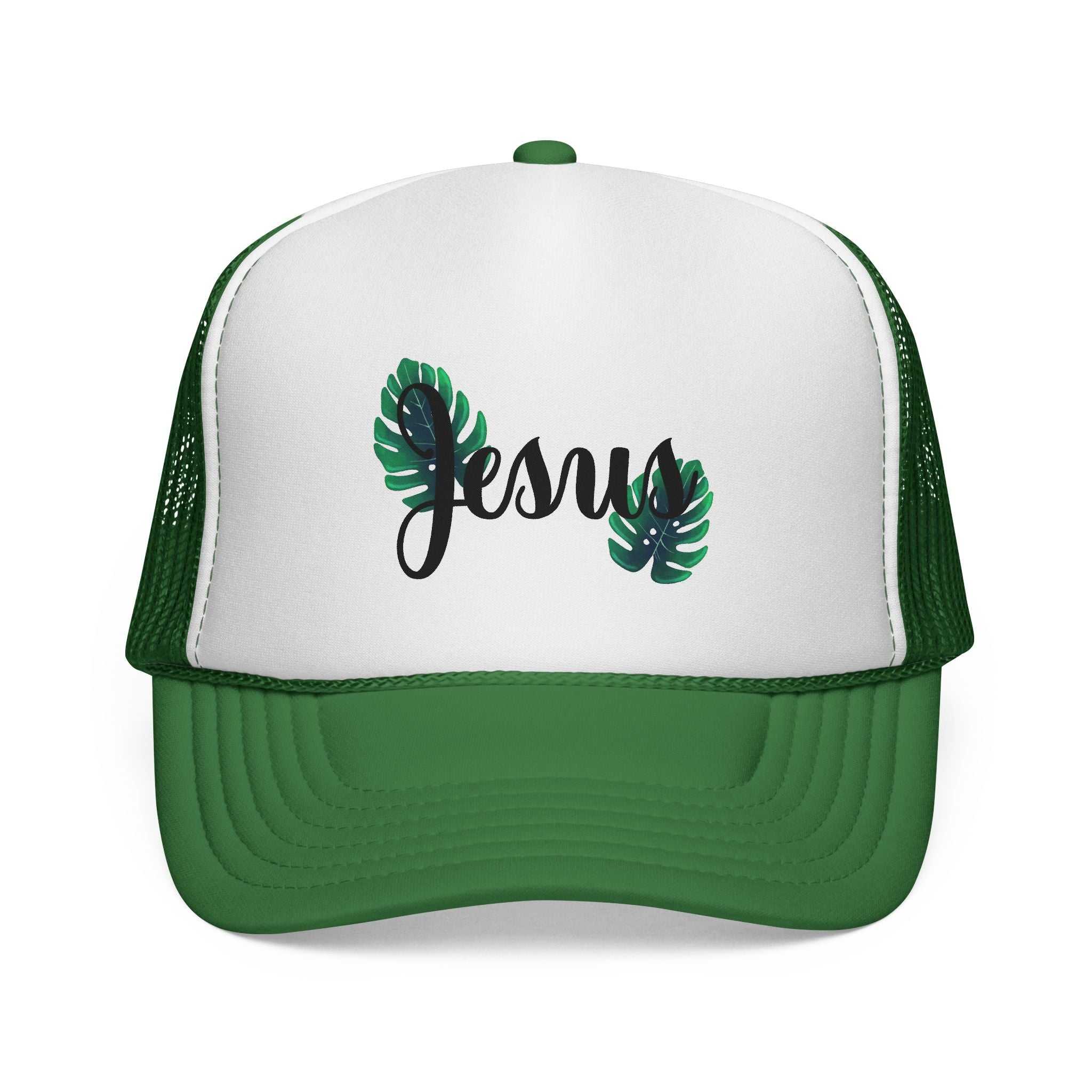 Jesus Script Trucker Cap — Tropical Leaf Faith Hat