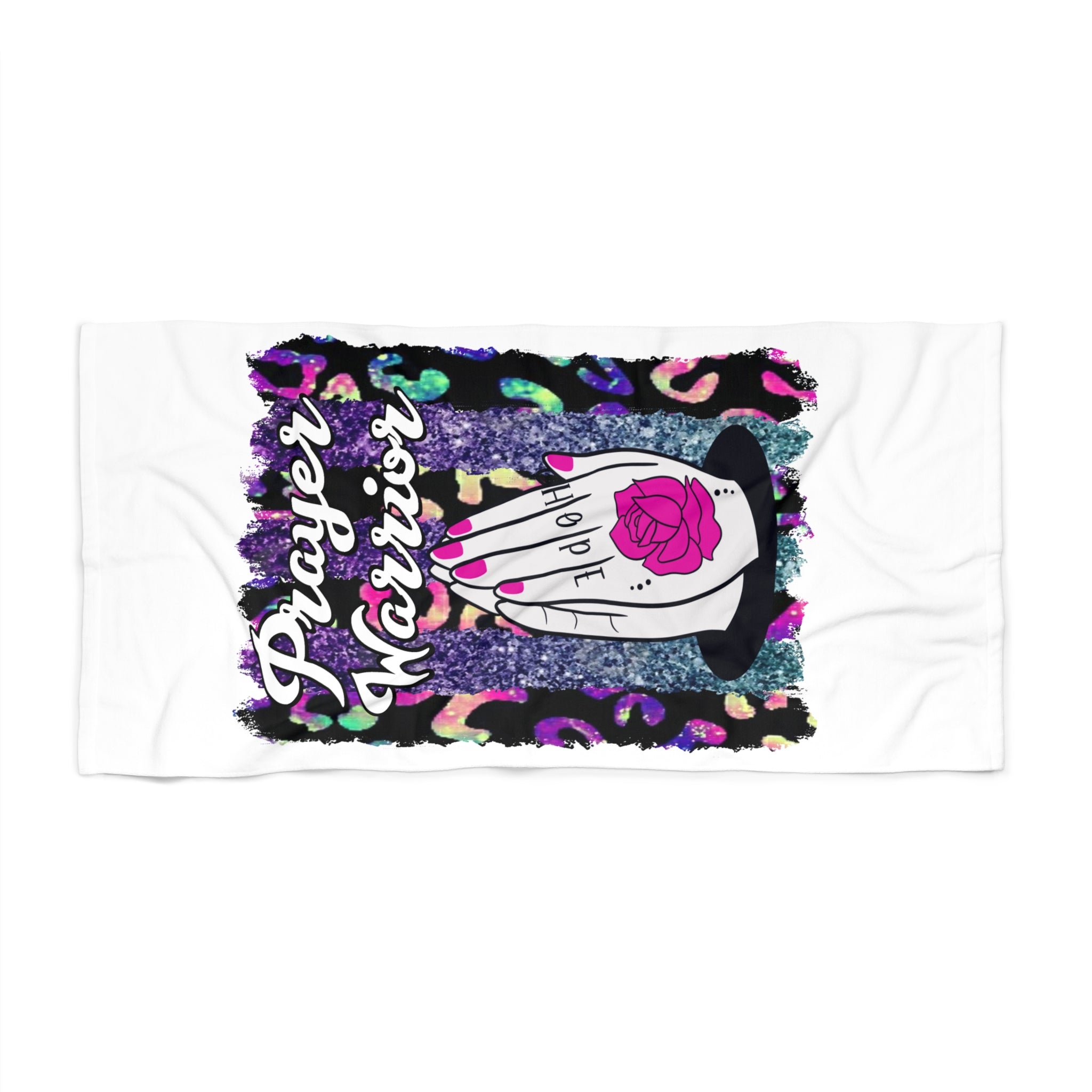 Prayer Warrior Beach Towel — Floral Praying Hands Script Design