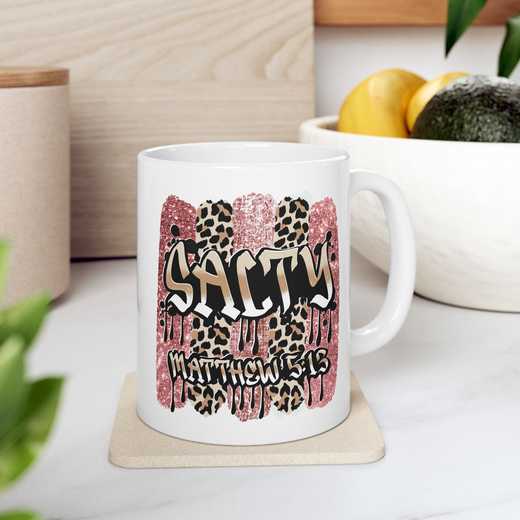 Salty Matthew 5:13 Ceramic Mug — Bible Verse Leopard & Pink Glitter Graphic Coffee Cup (11oz/15oz)
