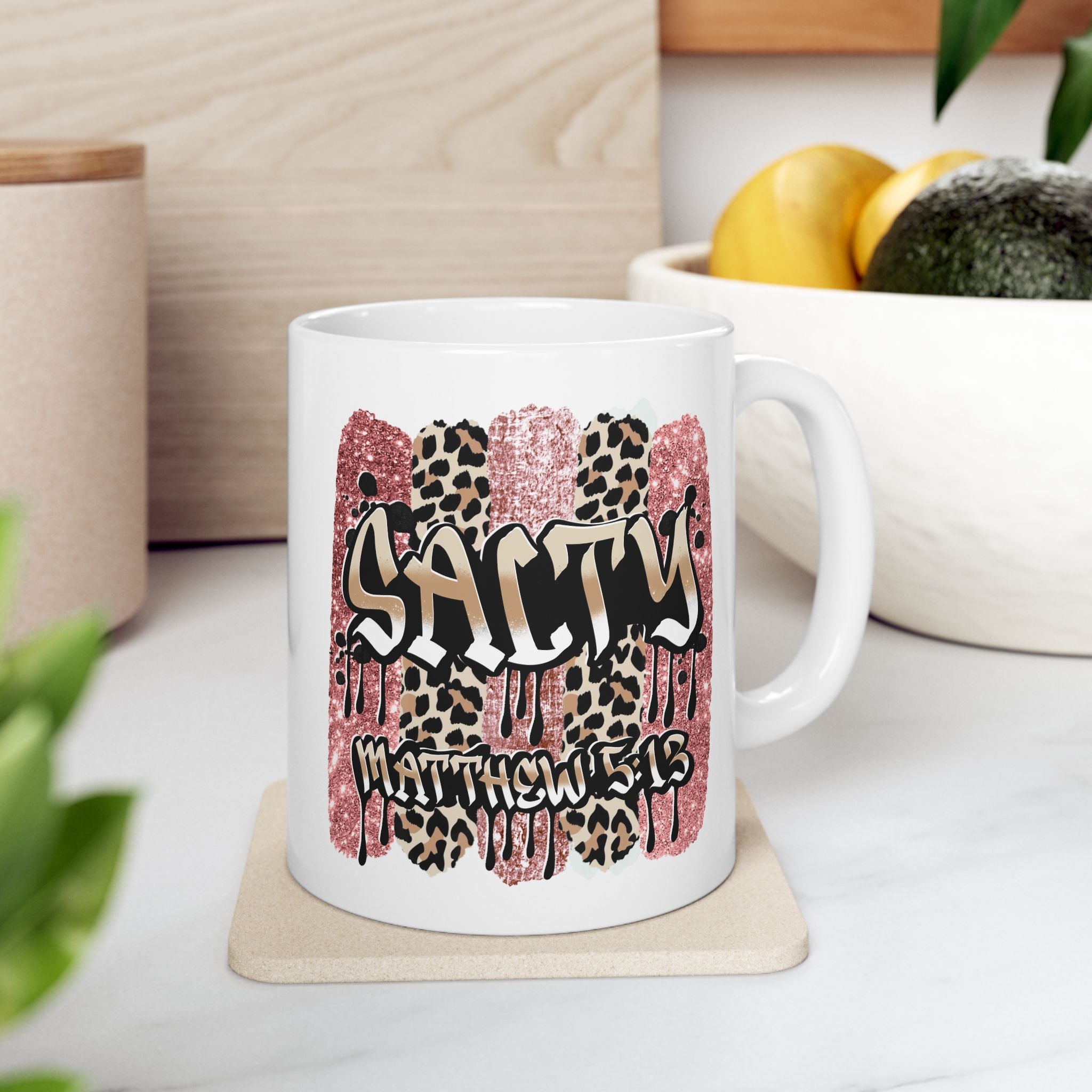 Salty Matthew 5:13 Ceramic Mug — Bible Verse Leopard & Pink Glitter Graphic Coffee Cup (11oz/15oz)