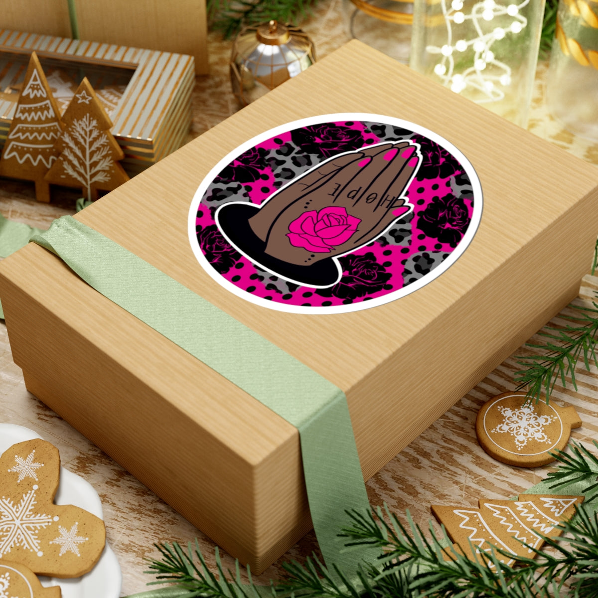 Praying Hands Rose Sticker — Pink Leopard Kiss-Cut Vinyl Sticker