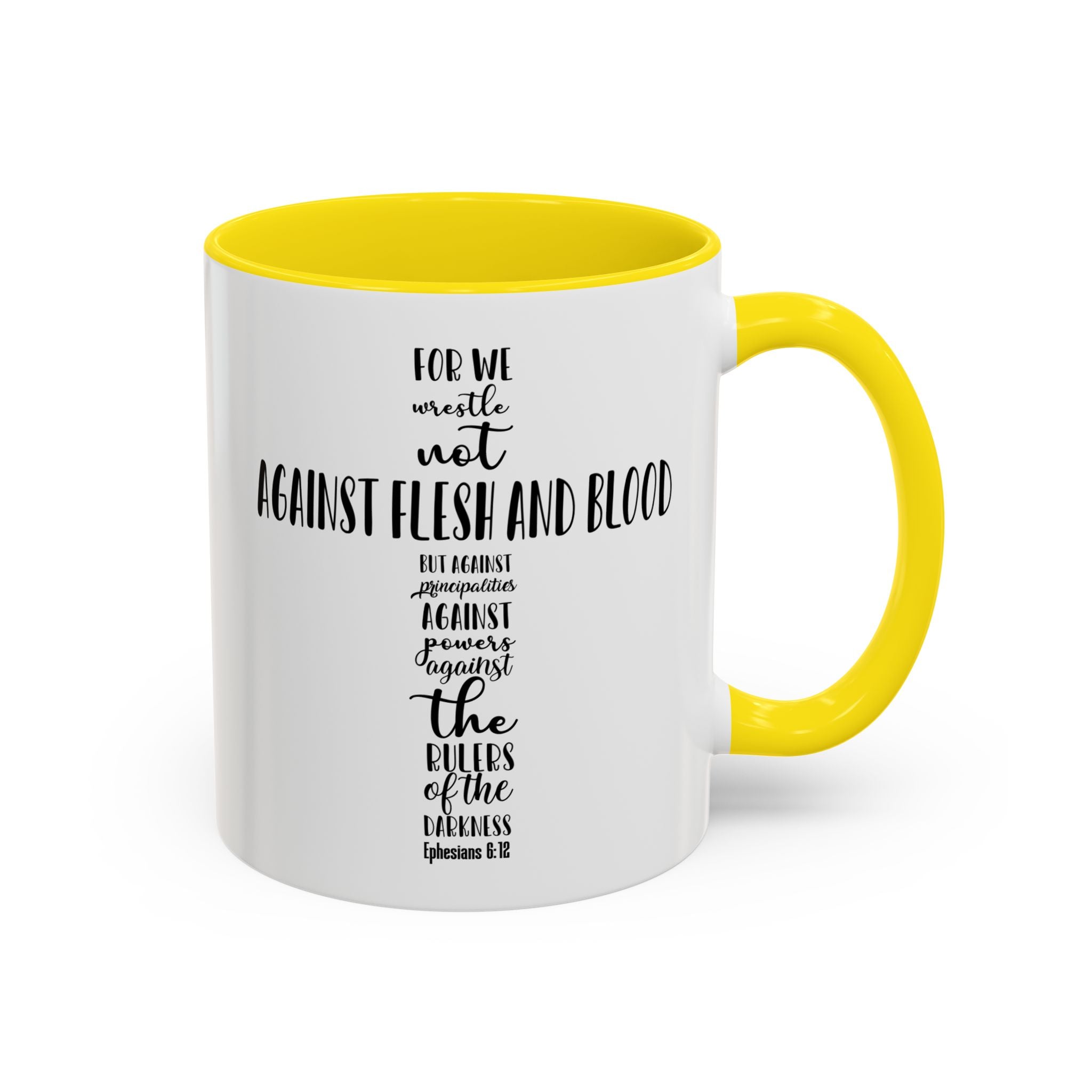 Christian Cross Coffee Mug - "Not Against Flesh and Blood" Inspirational Bible Verse Accent Mug