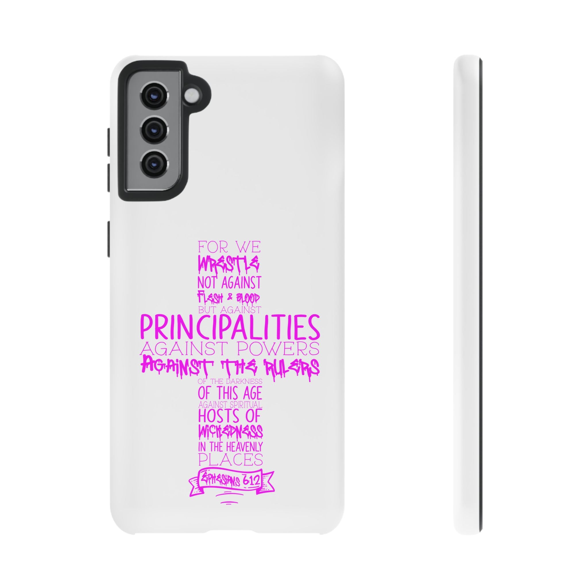 Armor of God Christian Cross Phone Case — Ephesians 6:12 Pink Typography Tough Case