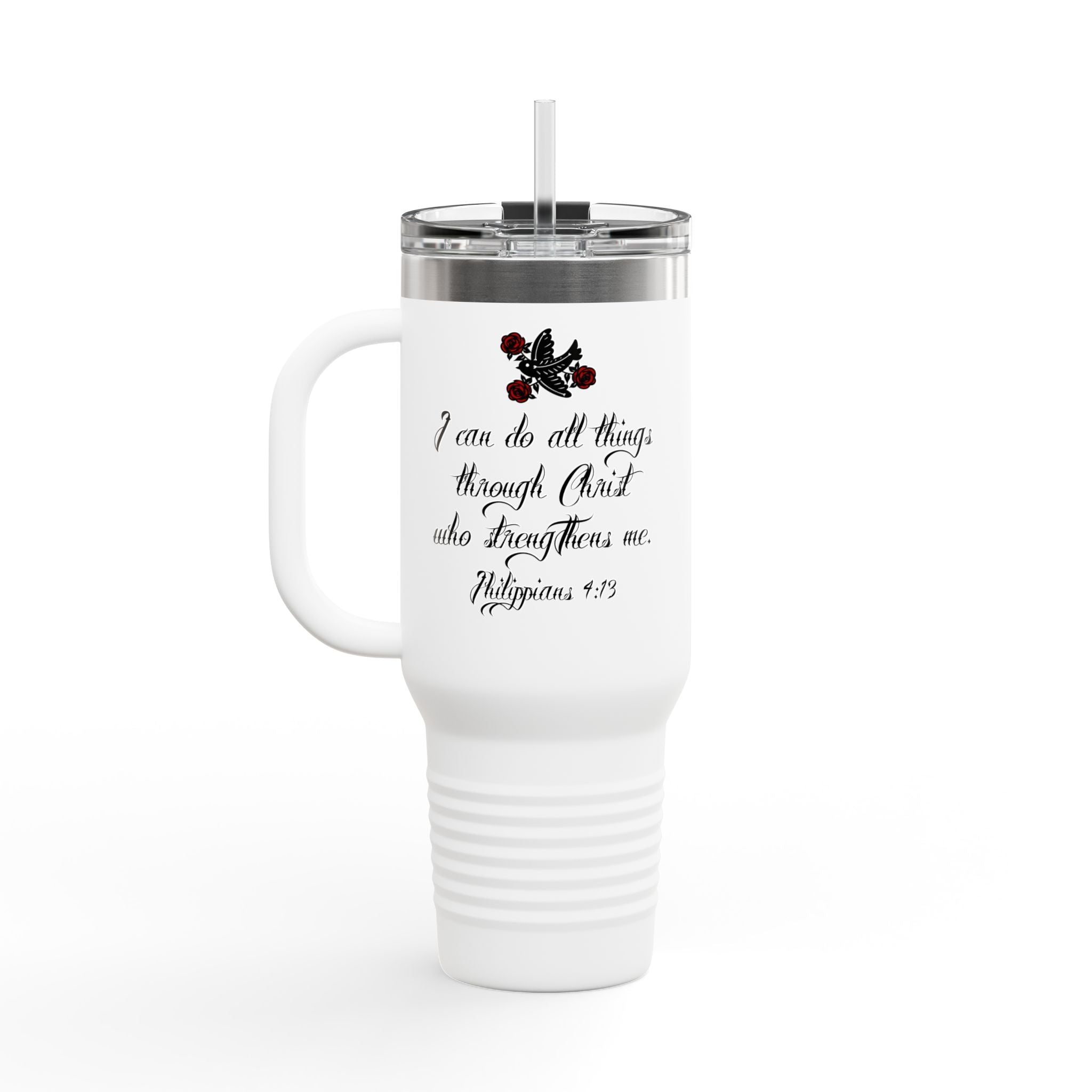 40oz Insulated Travel Mug - "I Can Do All Things Through Christ" Philippians 4:13 | Faith Watercolor Rose Design