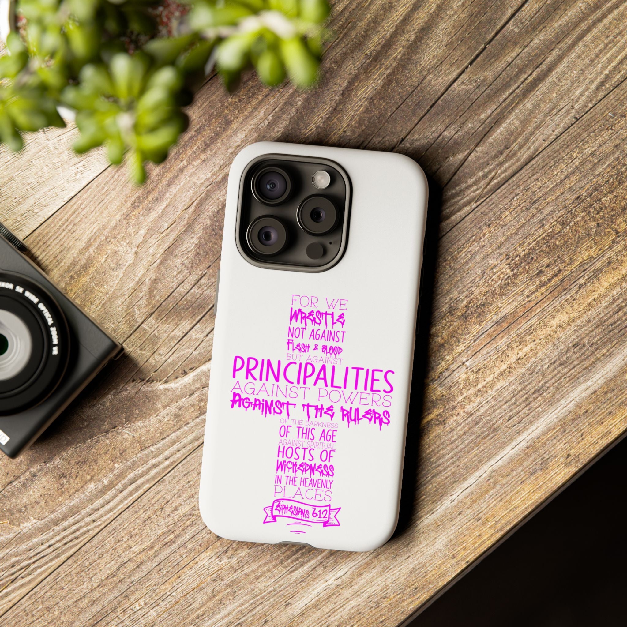 Armor of God Christian Cross Phone Case — Ephesians 6:12 Pink Typography Tough Case