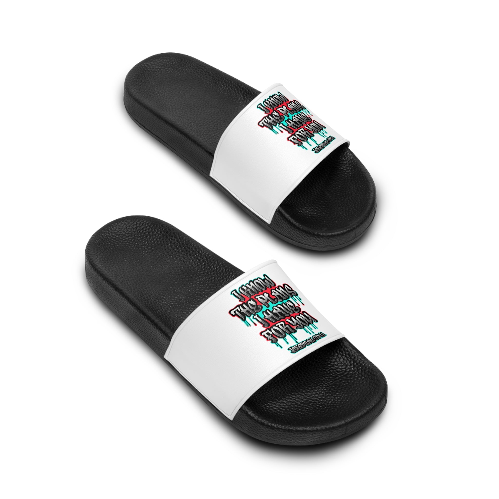 Slide Sandals — Jeremiah 29:11 Graffiti Bible Verse Pool Slides for Men
