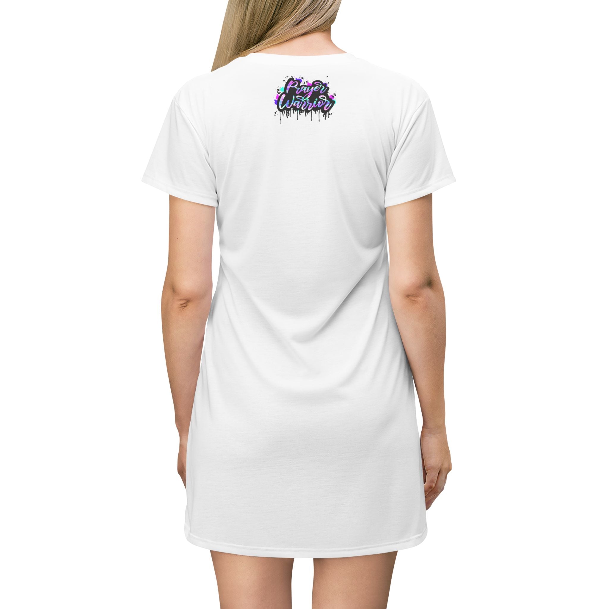 Prayer Warrior T‑Shirt Dress — Faith Graphic Dress with Colorful Graffiti Script