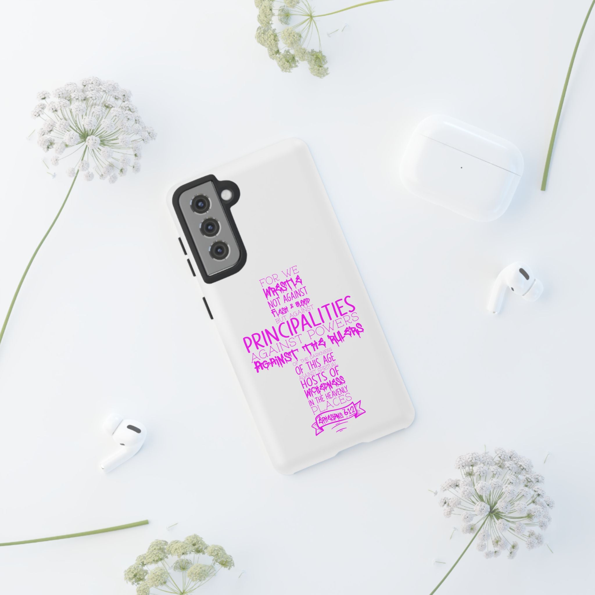 Armor of God Christian Cross Phone Case — Ephesians 6:12 Pink Typography Tough Case
