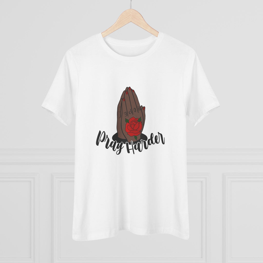 Pray Harder Women's Tee — Praying Hands with Red Rose Spiritual Christian Shirt