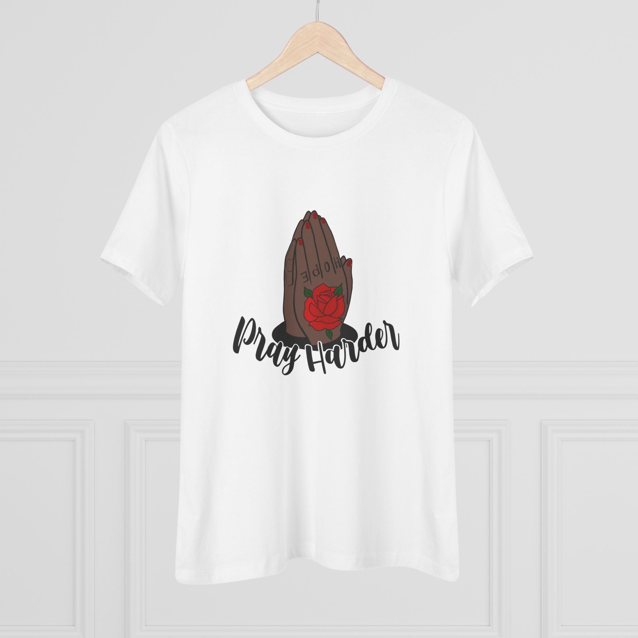 Pray Harder Women's Tee — Praying Hands with Red Rose Spiritual Christian Shirt