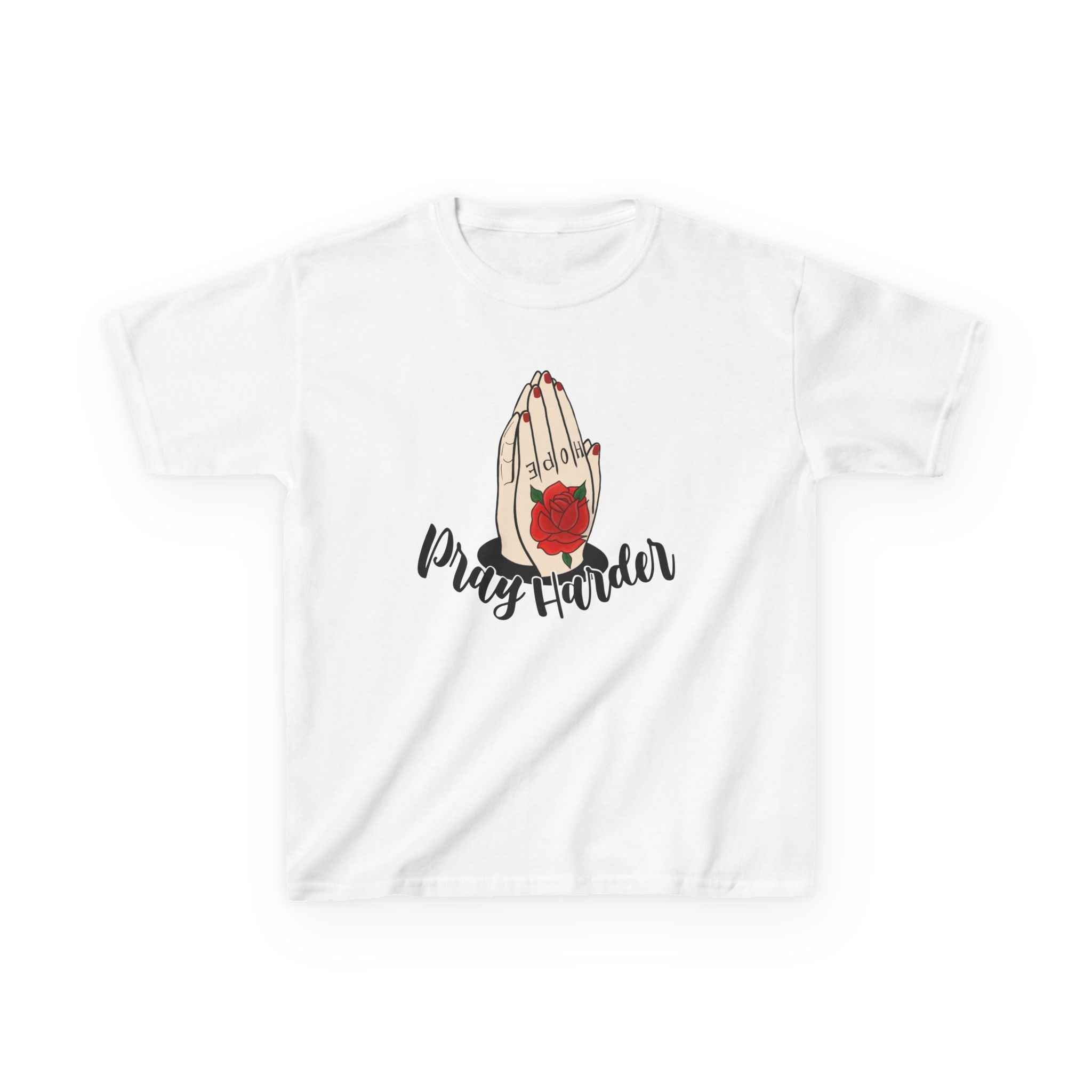 Kids Tee — 'Pray Harder' Praying Hands with Rose Graphic