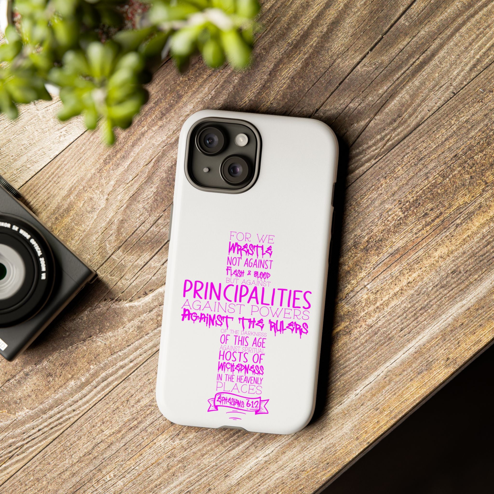 Armor of God Christian Cross Phone Case — Ephesians 6:12 Pink Typography Tough Case