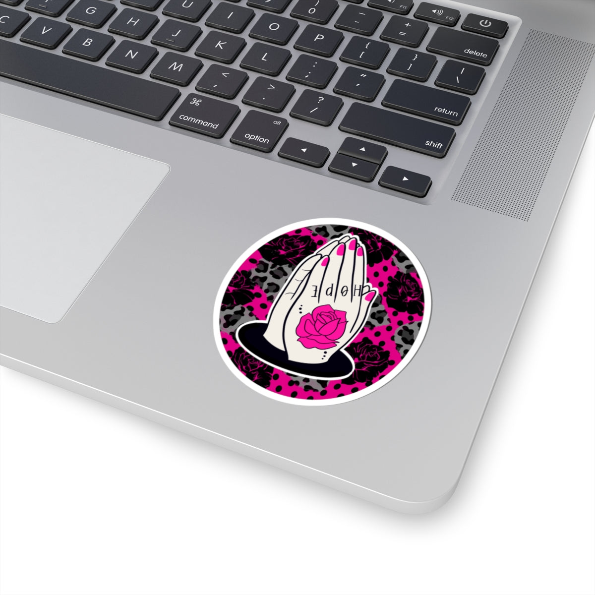 Praying Hands Rose Sticker — Pink Leopard Kiss-Cut Vinyl Sticker
