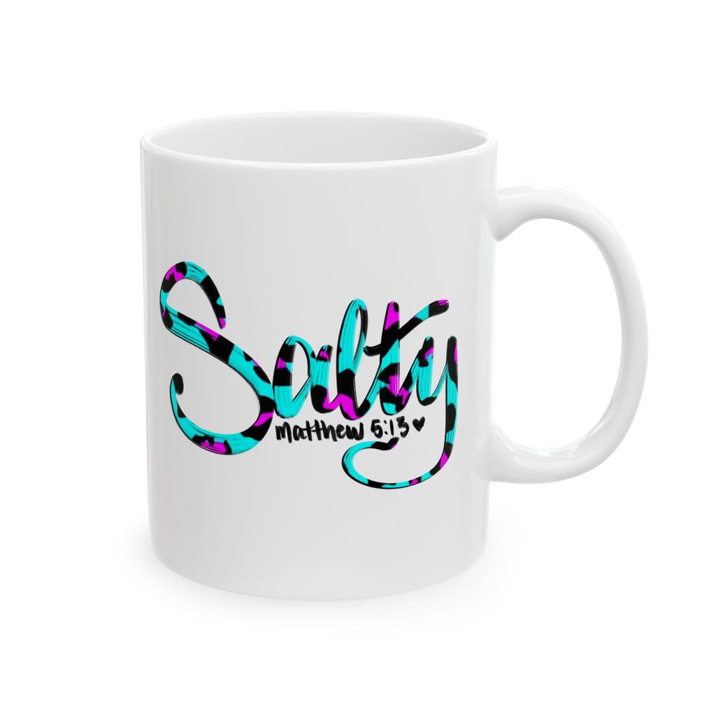 Salty Bible Verse Scripture Coffee Mug — Colorful Teal Leopard Accent (11oz & 15oz)