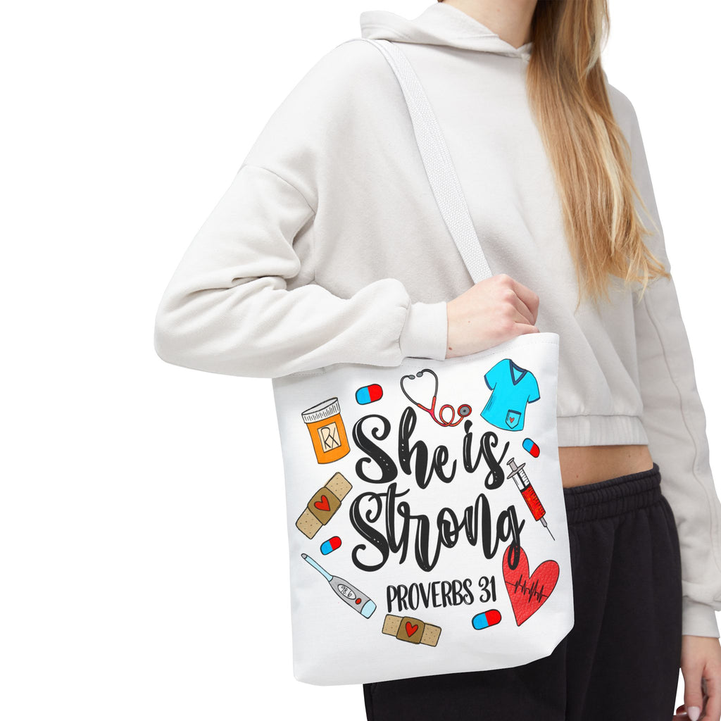 She Is Strong Tote Bag - Proverbs 31 Nurse & Healthcare Inspirational Canvas Tote