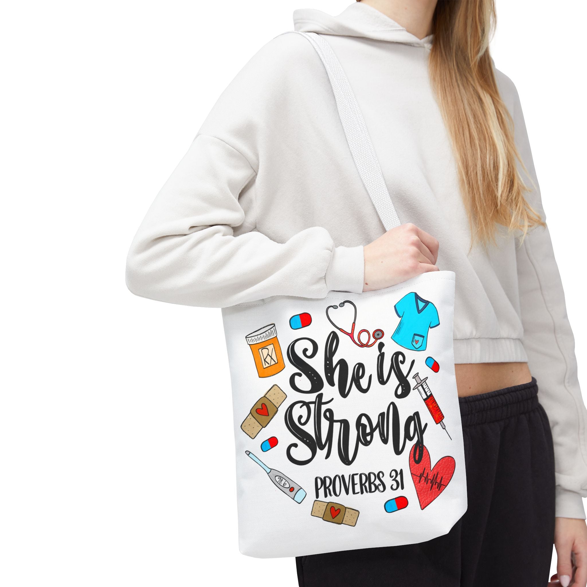 She Is Strong Tote Bag - Proverbs 31 Nurse & Healthcare Inspirational Canvas Tote