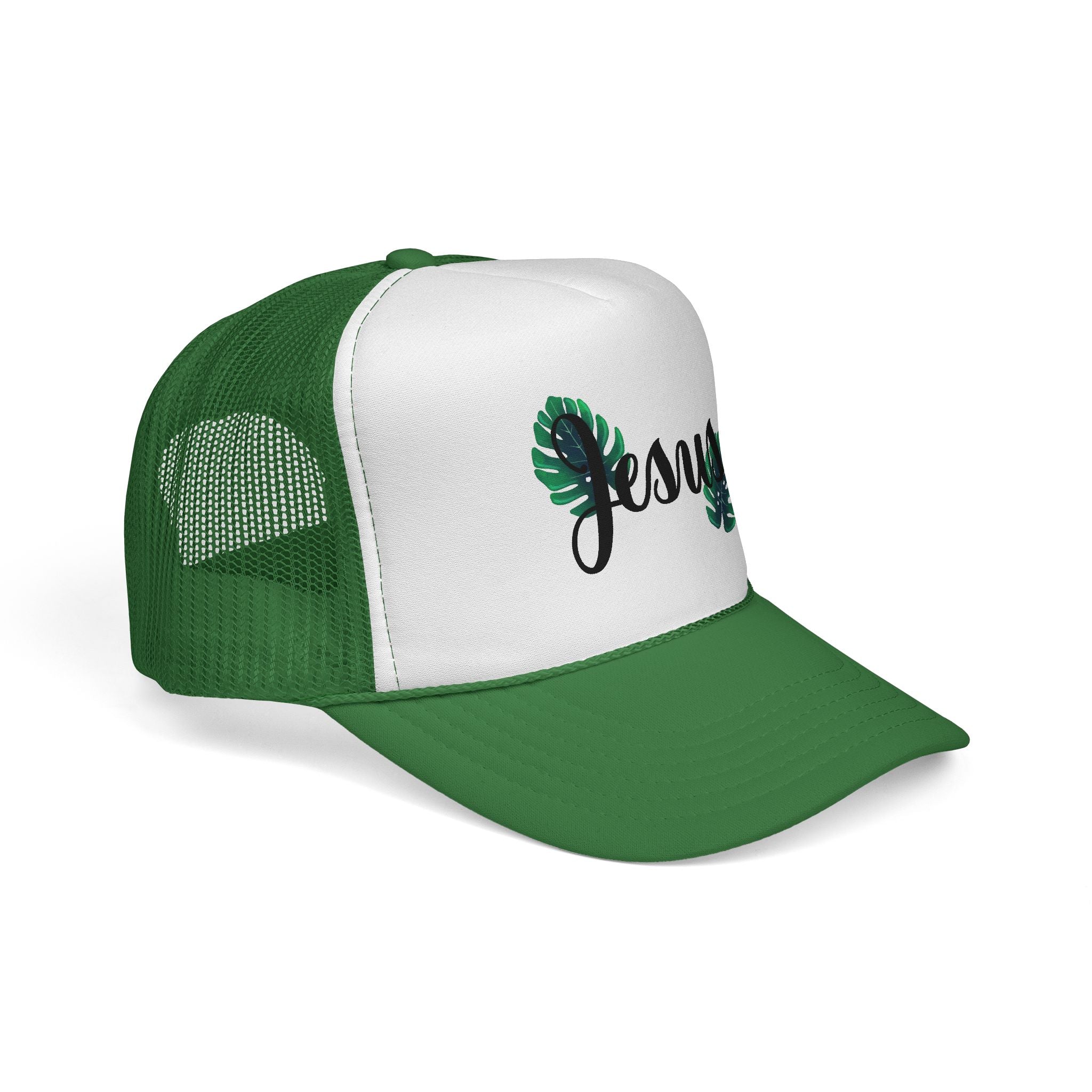 Jesus Script Trucker Cap — Tropical Leaf Faith Hat