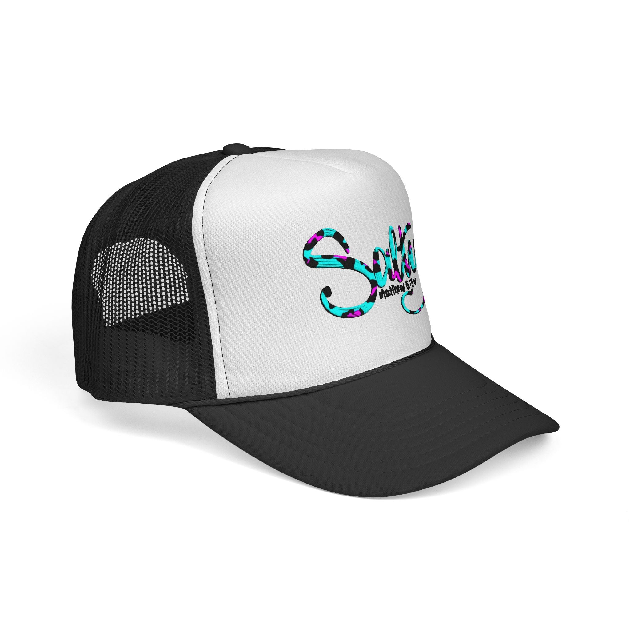Salty Script Trucker Cap — Colorful Leopard Print Beach Vibe Hat