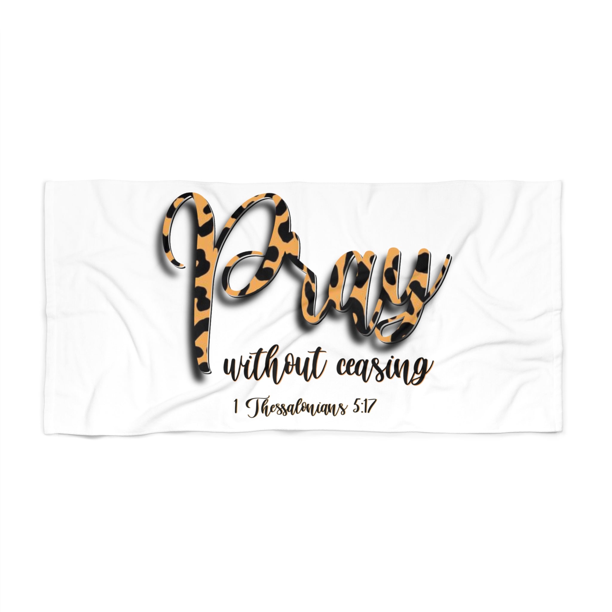 Beach Towel — "Pray Without Ceasing" Leopard Script Christian Beach Towel