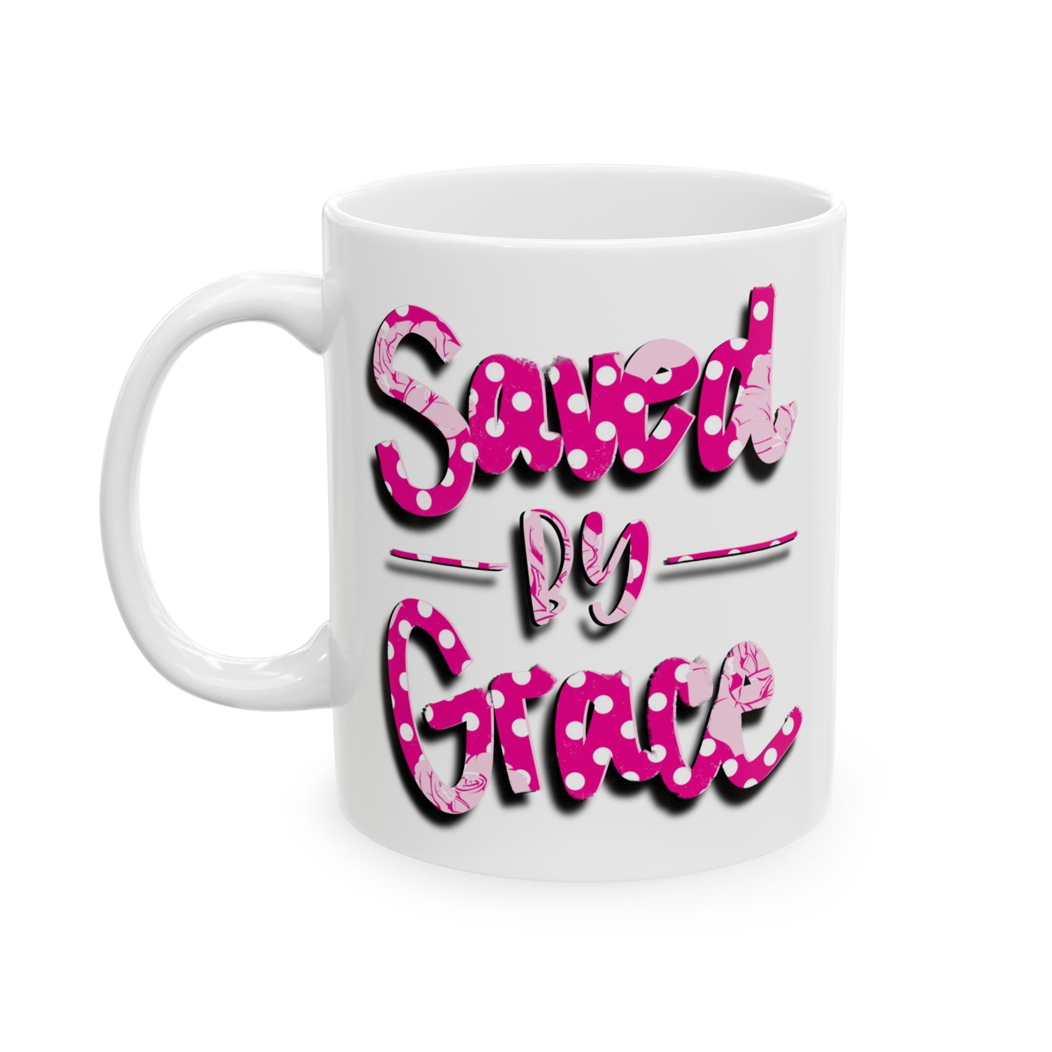 Pink Retro Script 'Saved by Grace' Ceramic Mug – 11oz & 15oz